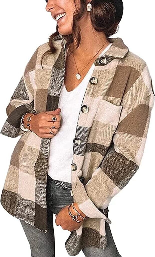 ASKSA Damen Plaid Knöpfe Shirts Flanell Farbblock Oberteile, Khaki, L