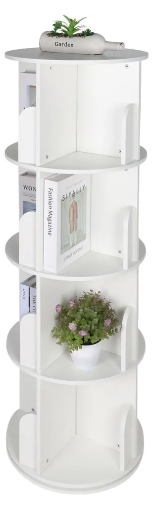 Bibliothèque tournante 4 niveaux gain de place accès 360° bois blanc chic