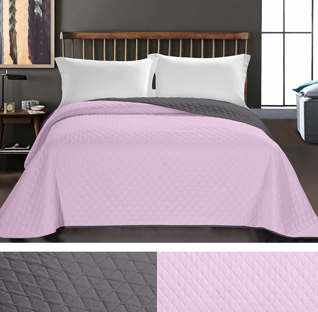 Luxus Bettüberwurf Axel mit Uni Wendedesign - Zweiseitige Tagesdecke, Farbe:Pink / Charcoal, Größe:170 x 210 cm