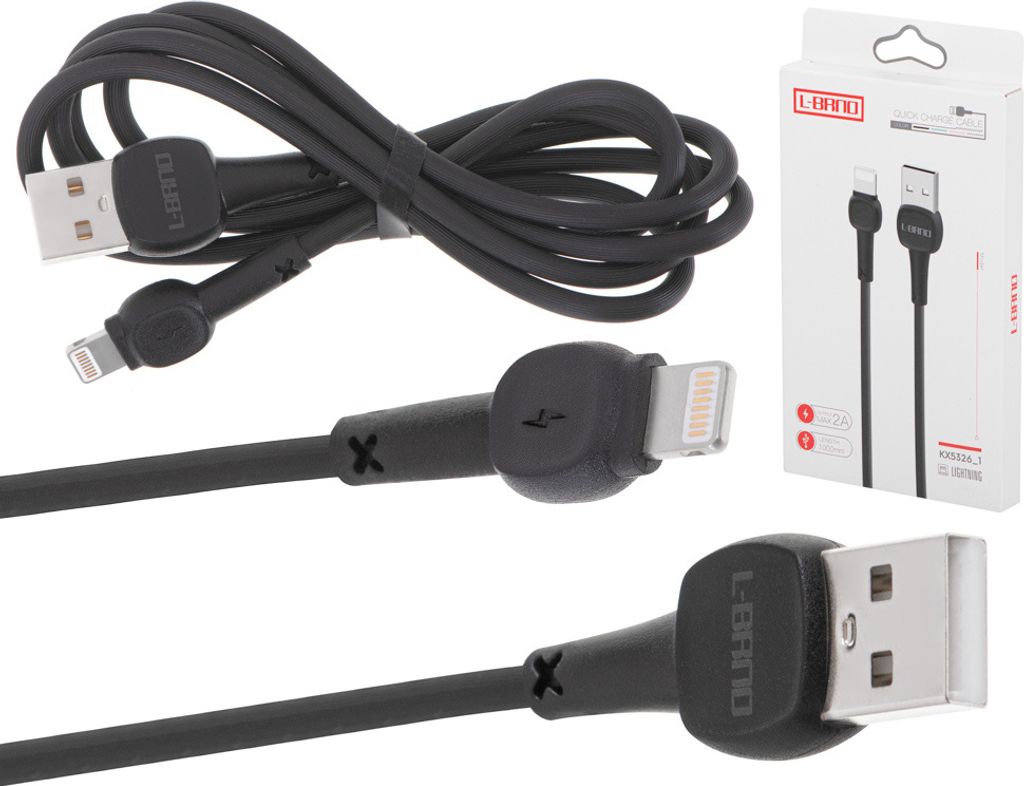 A collage of images showing a black L-BRNO Lightning charging cable and its packaging.