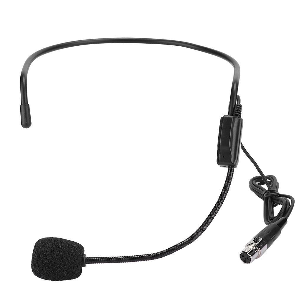A black headset microphone with an XLR connector is shown against a white background.