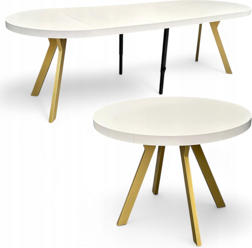 Runder Esstisch Weiß Halbmatt Ausziehbar Ø110/310 cm mit Goldenen Y-Metallbeinen
