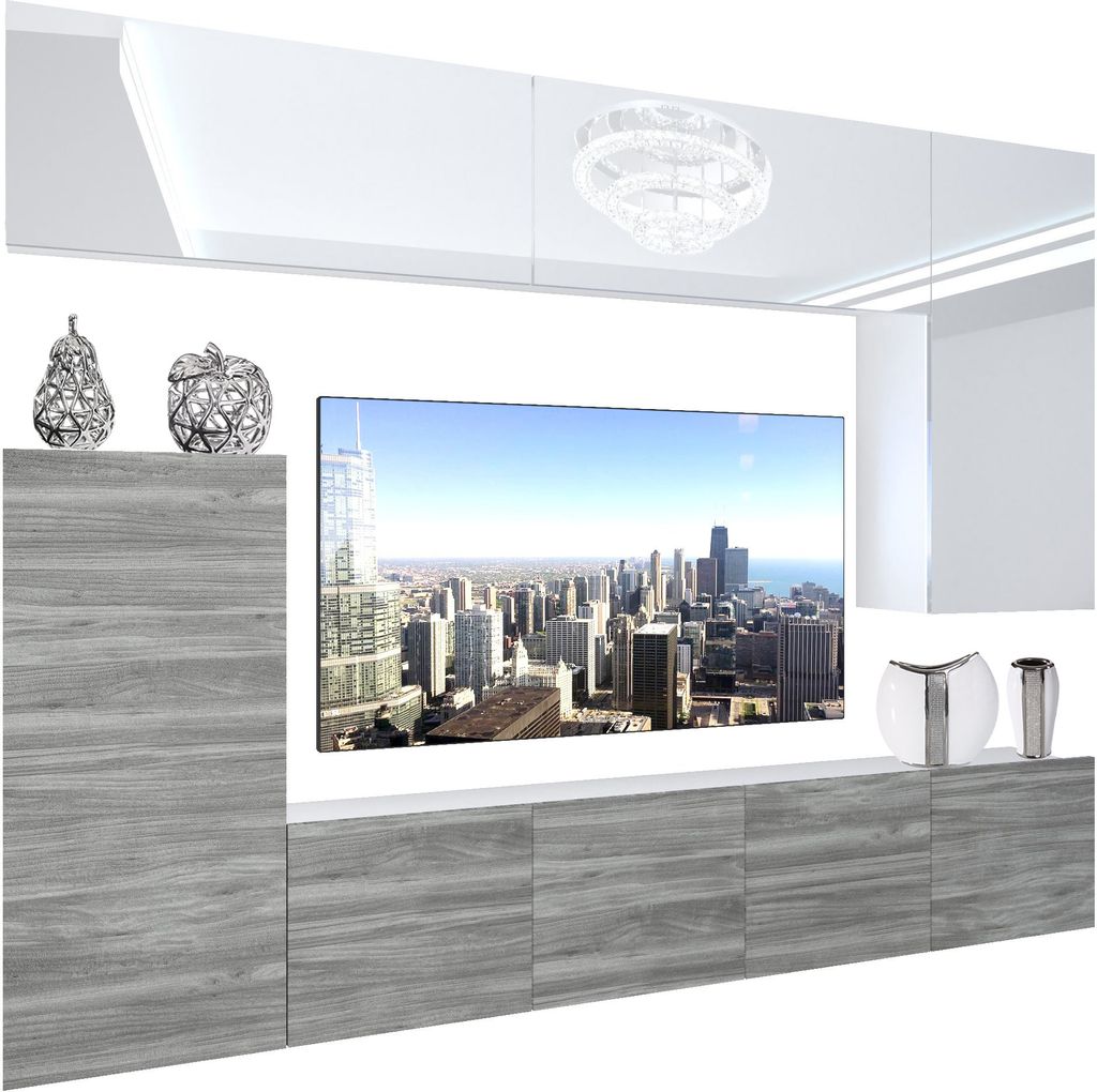 BELINI Wohnwand Vollausstattung Wohnzimmer-Set Moderne Schrankwand mit LED-Beleuchtung Weiß Glänzend Anbauwand TV-Schrank Weiß / Glamourholz Gl...