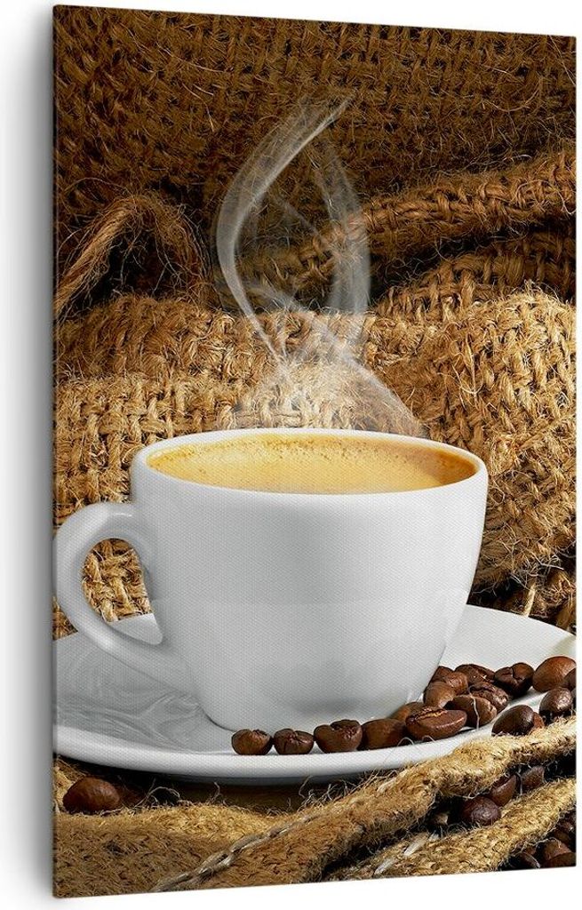 Bild auf Leinwand - Leinwandbild - Einteilig - Cappuccino Tasse Körner Beutel - 80x120cm - Wand Bild - Wandbilder - Leinwanddruck - Wanddekoration...