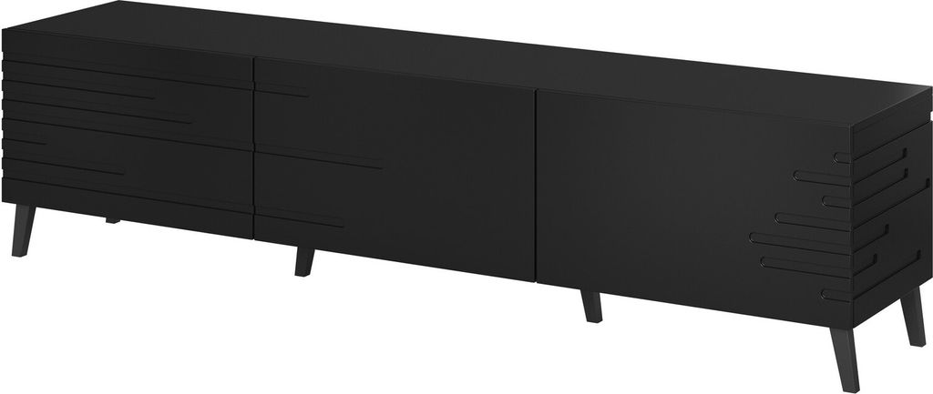 Furniture24 Fernsehschrank NOVA in Matte MDF-Platte Lowboard 186 cm Unterschrank 3 Klappen Schwarz