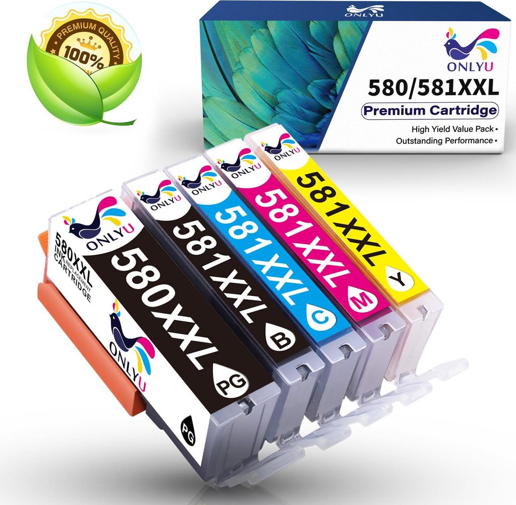 A set of five ink cartridges for a printer, with a box in the background.