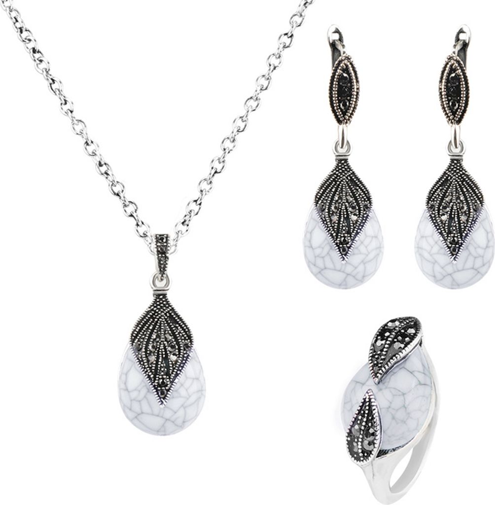 Vintage Leaf Faux Türkis Anhänger Halskette Ring Leaverback Ohrring Schmuckset-Silber + Weiß,US 9