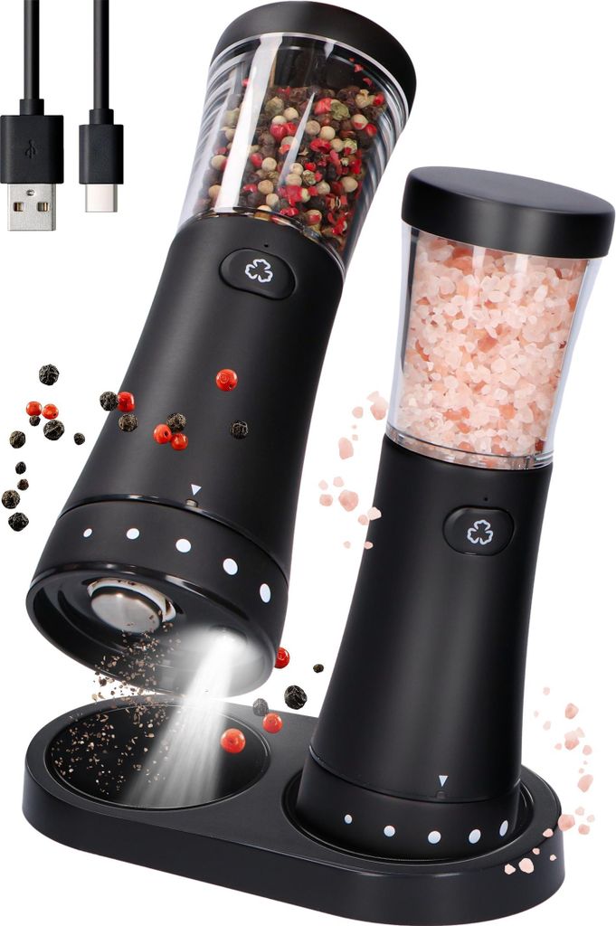 Deleca Salz und Pfeffermühle Elektrisch - Gustaro - 130ml - Einstellbarer Mahlgrad - USB-C Aufladbar - LED-Licht - Keramikmahlwerk - Matt Schwarz