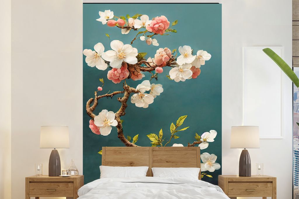 MuchoWow Fototapete für Wohnzimmer oder Schlafzimmer Wandtapete Vinyl Motivtapete Blumen - Blüte - Kirsche - Zweig - Weiß - 160x240 cm - Vinyl...