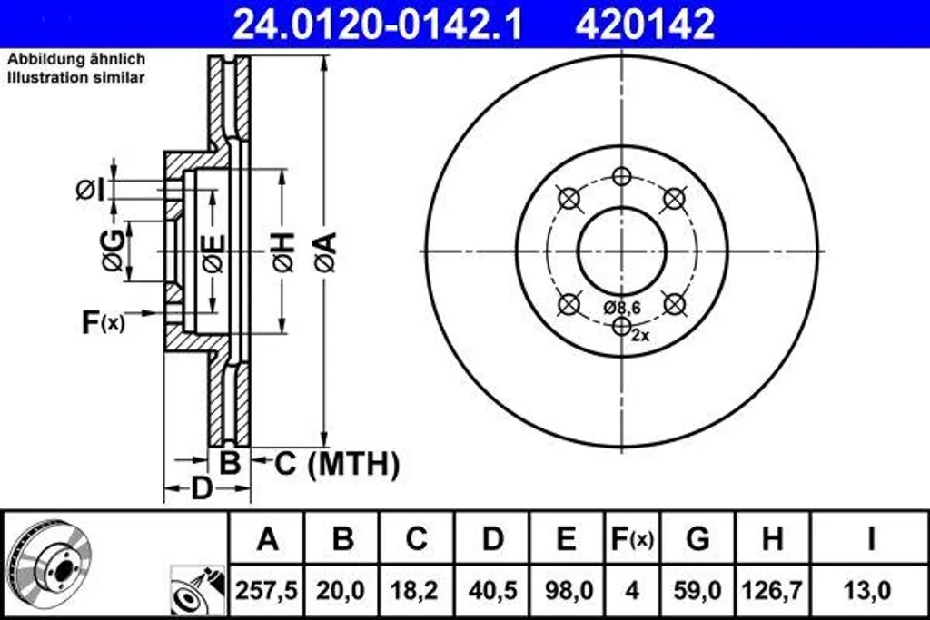 Disque de frein haute teneur en carbone ATE 60811256 pour Fiat Doblo