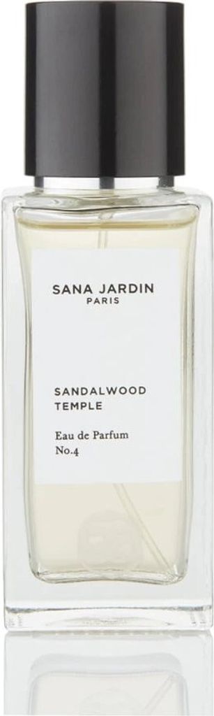A clear, front-facing studio shot of a bottle of Sana Jardin Sandalwood Temple No.4 Eau De Parfum.
