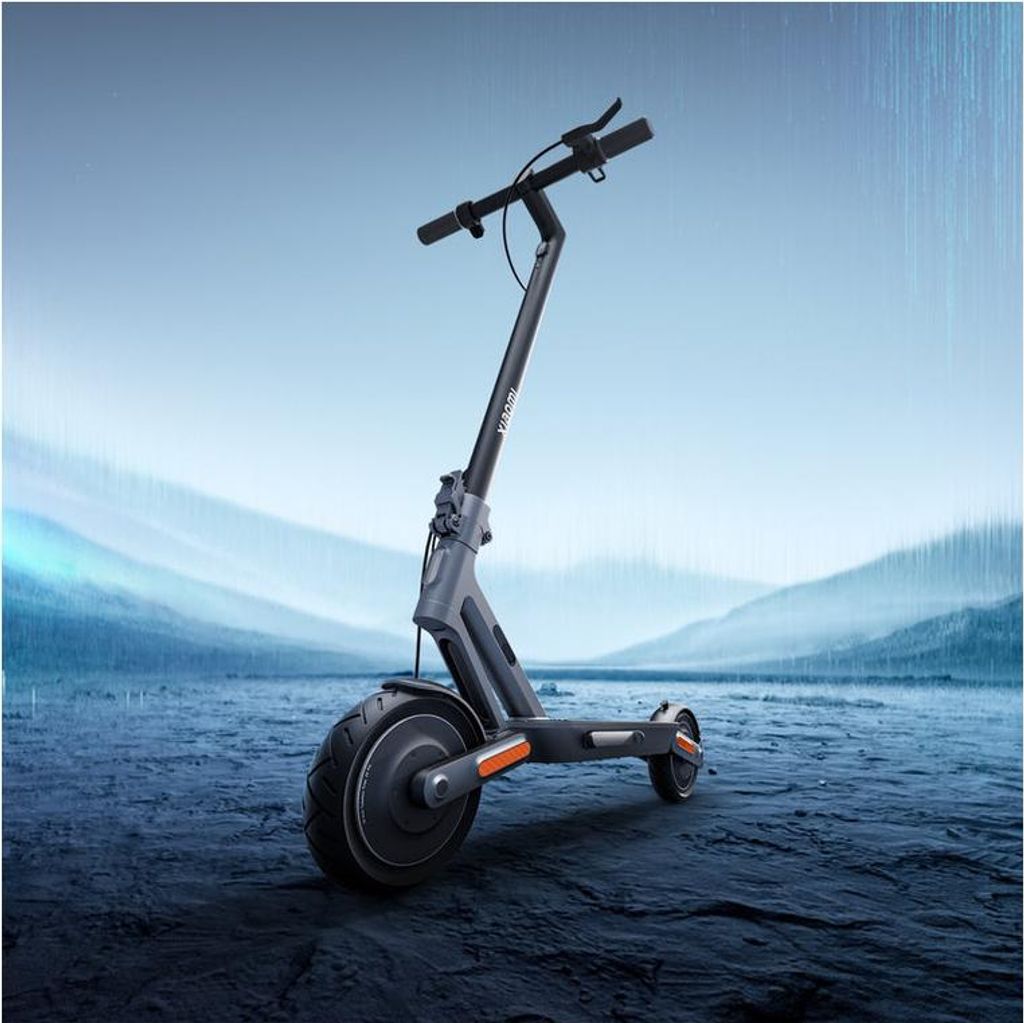 A Xiaomi electric scooter is shown in a moody, atmospheric setting with rain effects.