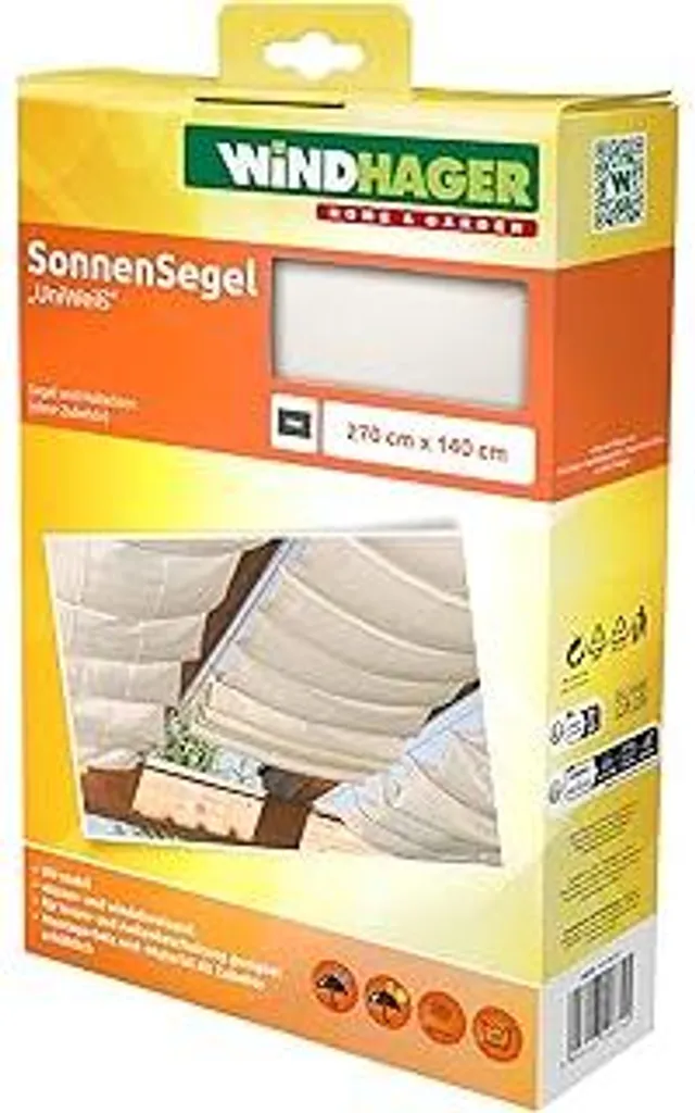Tenda parasole Windhager per tecnica di tensionamento con funi, 270 x 140 cm, bianca, ombreggiamento di verande e terrazze, elevata protezione dai raggi UV, 10874