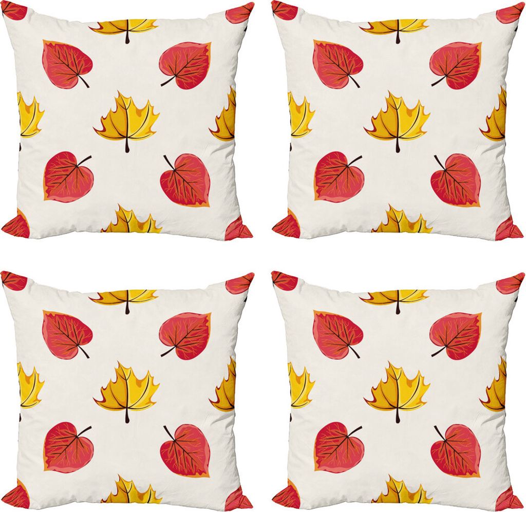 ABAKUHAUS Herbstlaub Kissenbezug Set (4 Stück), Blätter in Doodle Stil, Moderner Doppelseitiger Digitaldruck, 60 cm x 60 cm, Weißer Senf Dunkel ...
