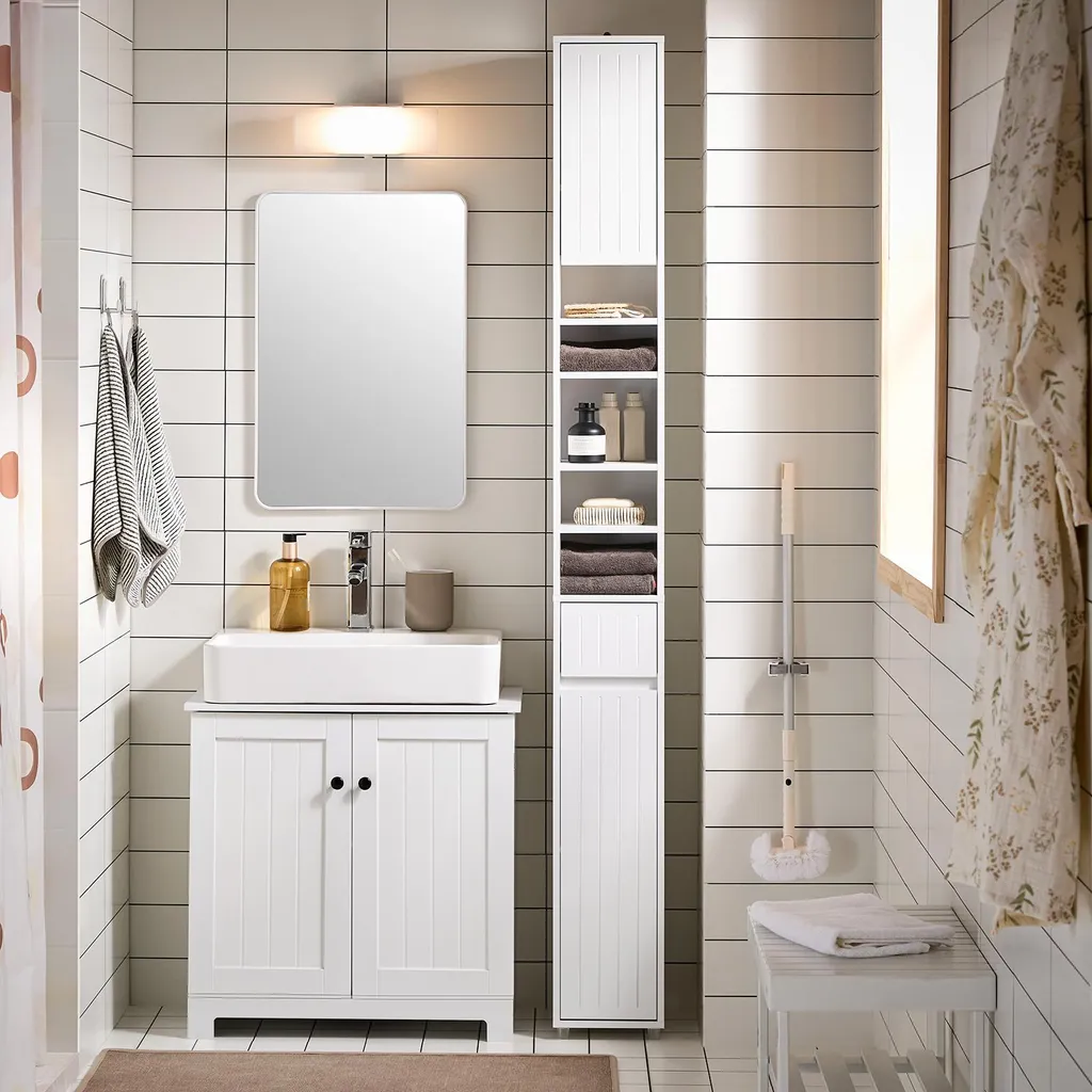 Meuble Colonne de Rangement Salle de Bain Blanc et Bois avec Tiroir Pratique