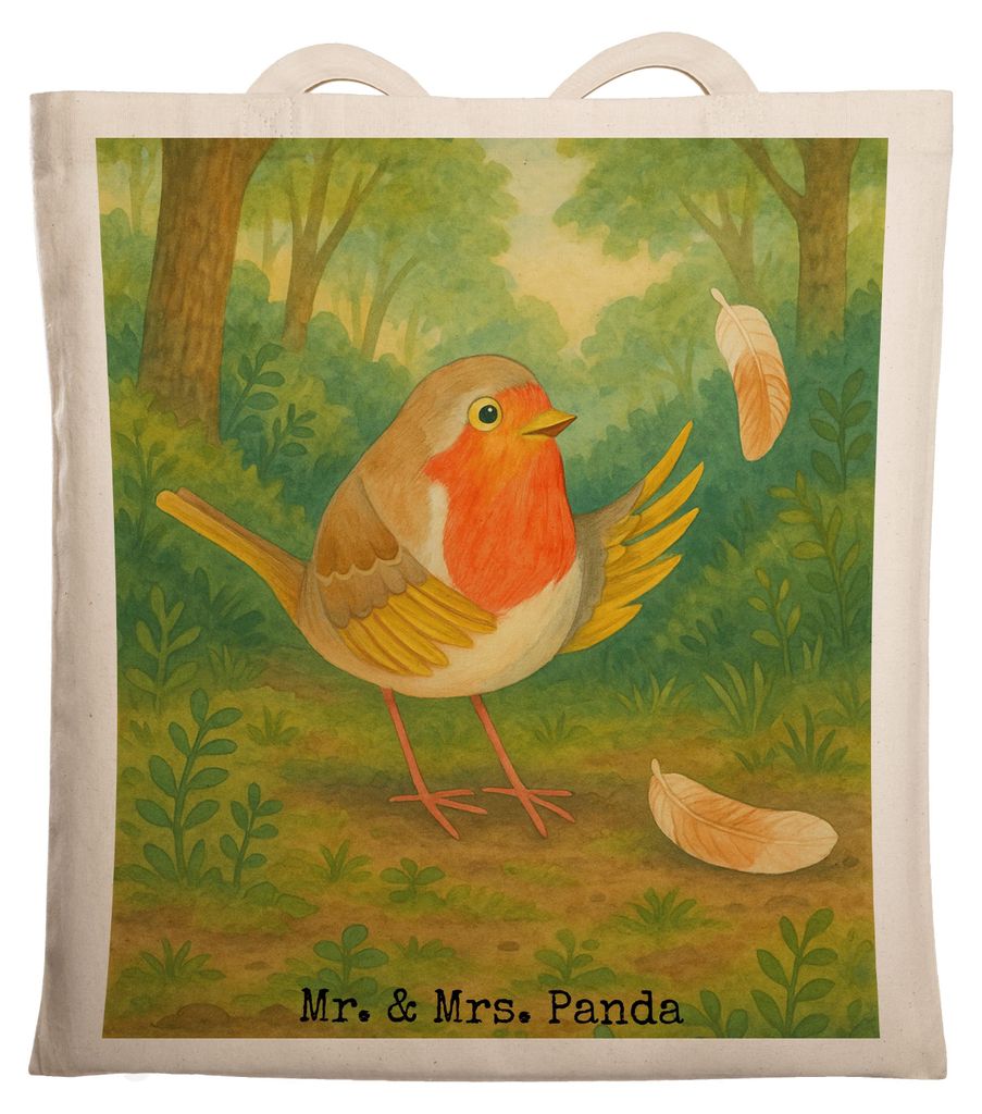 Mr. & Mrs. Panda Beutel Rotkehlchen Federn Design - Weiß - Geschenk, Laptoptasche, Vogel, Motivation Sprüche, Einkaufstasche, Spruch Mut, Tote Ba...