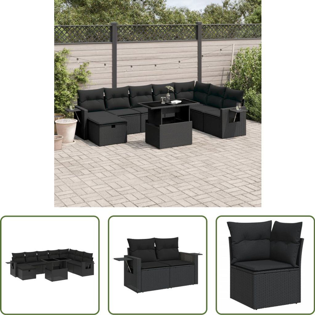 The Living Store 9-tlg. Garten-Sofagarnitur mit Kissen Schwarz Poly Rattan