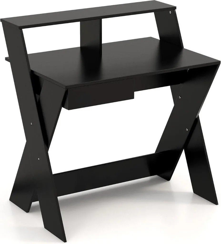 Petit bureau informatique noir avec rehausseur écran et rangement intégré