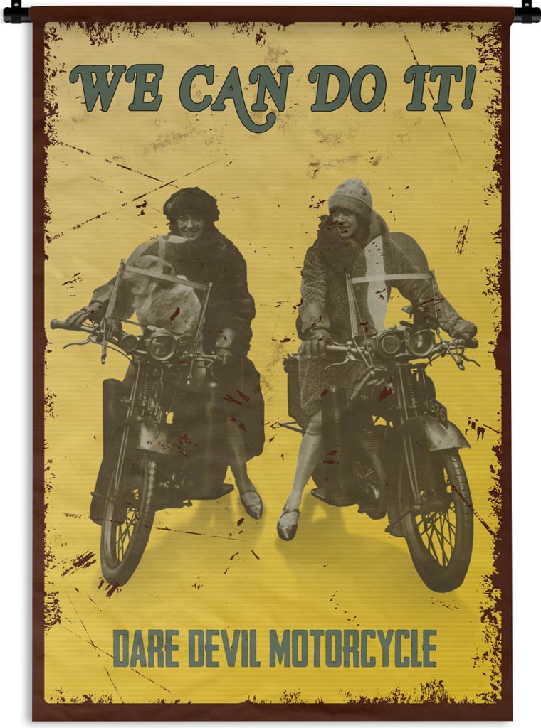 MuchoWow Wandteppich Wandbehang Motorrad - Retro - Frauen - Zeichnung 60x90 cm Tapisserie Dekoration Wandtuch - Foto-Teppich - Abwaschbar