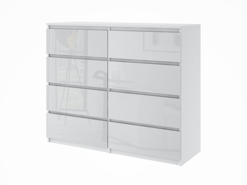 A white, high-gloss dresser with eight drawers, presented on a white background.