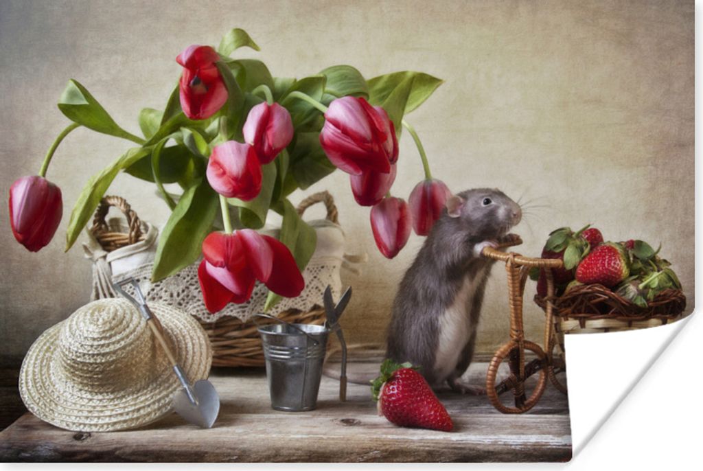 MuchoWow Poster Stillleben einer Maus zwischen Tulpen 90x60 cm - Schlafzimmer