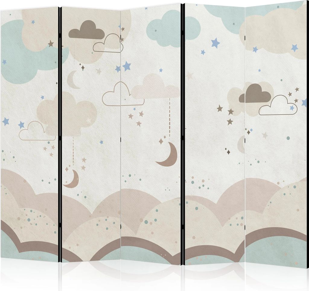 5-teiliger Doppelseitiger Vlies Paravent - Cloudy Night Sky - Moons in Browns and Beiges Amid Numerous Clouds and Stars on a Light Background 225x1...