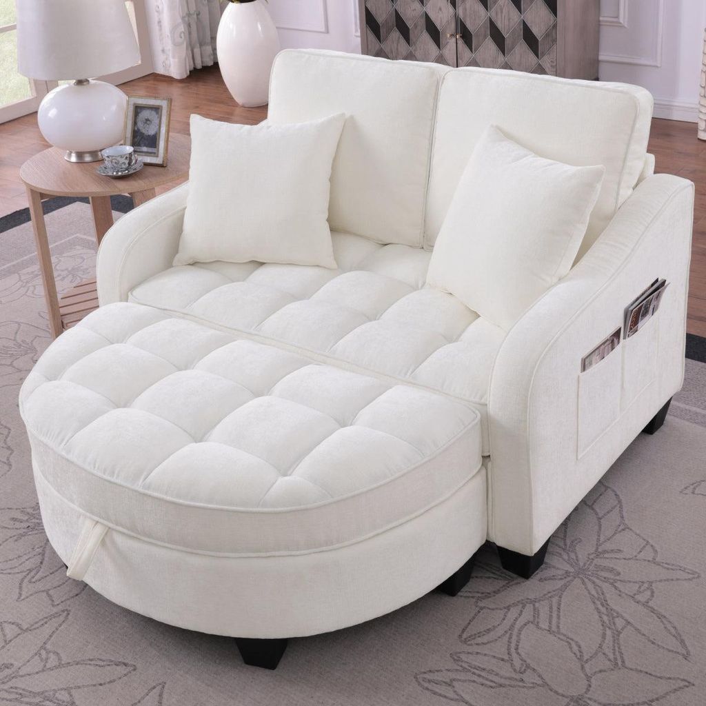 Rozkładana sofa 2 w 1 w kolorze beżowym z pufą z schowkiem, Zdjęcie produktu 