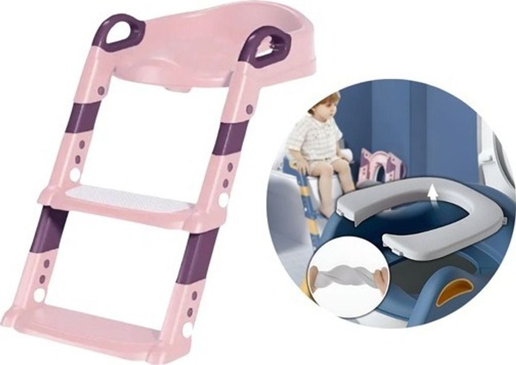 Höhenverstellbare Kinder-Toilettenleiter mit Griffen, rosa + Toilettentrainer, Bequemer WC-Sitz für Kinder ab 18 Monaten - KIDISTEPADPINK