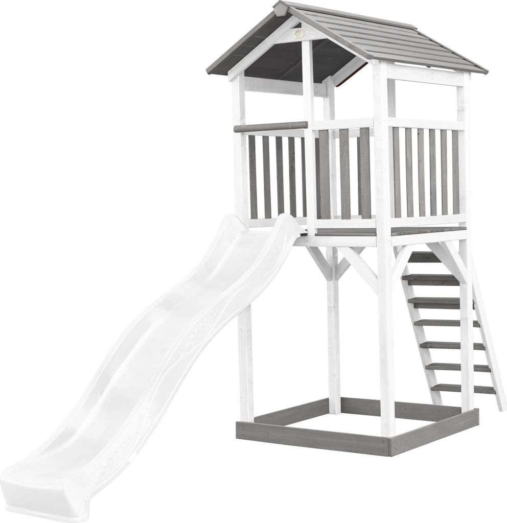 AXI Beach Tower Spielturm aus Holz in Weiß & Grau | Spielhaus für Kinder mit weißer Rutsche und Sandkasten | Stelzenhaus für den Garten