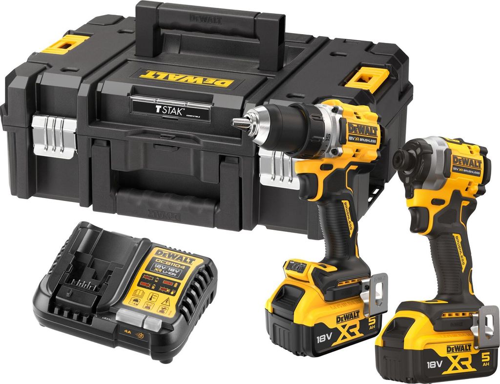 DeWalt 18 V XR Akku-Kombopack (bürstenlos) Akku-Bohrschrauber DCD800, Akku-Schlagschrauber DCF850 (1/4), 2x Akkus (18 V / 5,0 Ah)
