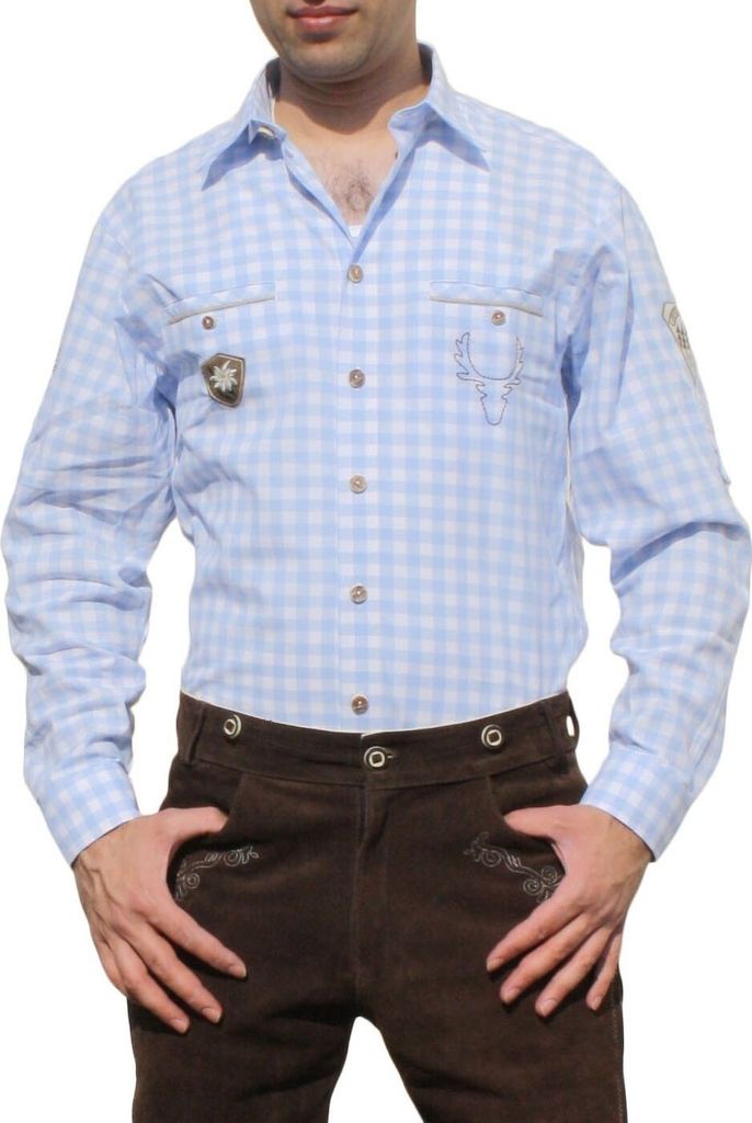 German Wear, Trachtenhemd für Lederhosen mit Verzierung blau/kariert, Größe:L
