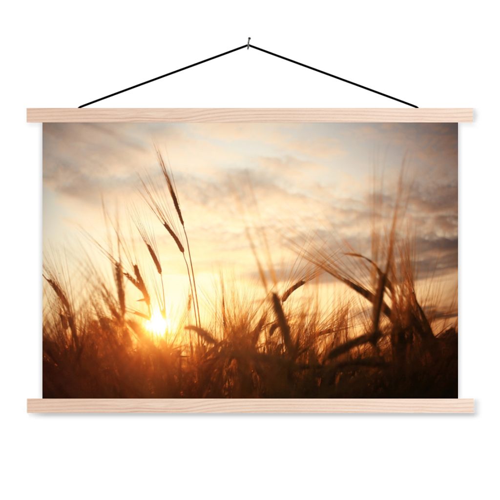 MuchoWow Textilposter Schilf - Gras - Sonnenuntergang - Natur - Horizont 120x80 cm mit holzfarbenen Rahmen - Aufhängeset