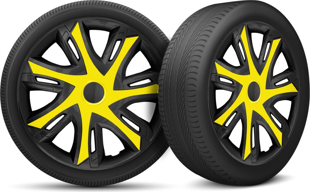 Auto Radkappen Radzierblenden 4er Set passend für alle Stahlfelgen - einstellbarer Sicherungsring - 14 Zoll - Schwarz Gelb