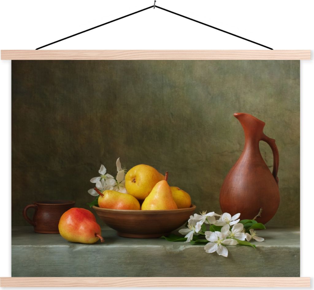MuchoWow Textilposter Stilleben - Schale - Birnen 120x90 cm mit holzfarbenen Rahmen - Magnetisch