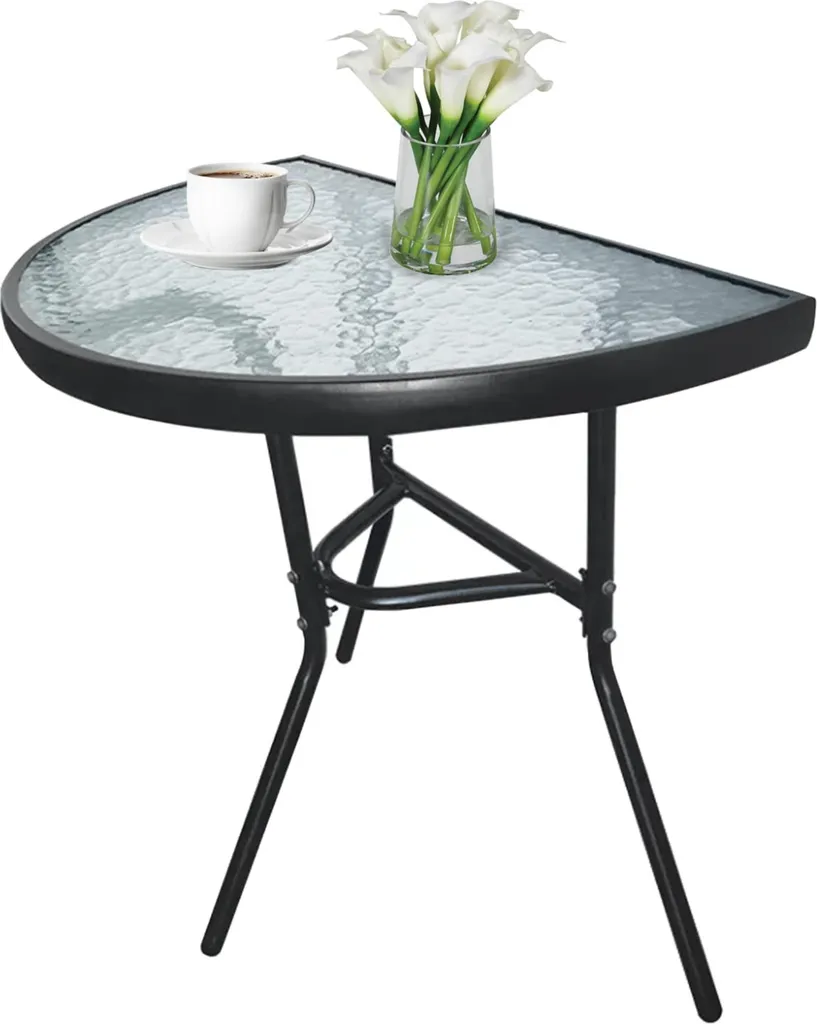 Table d'appoint outdoor en métal et verre trempé noir 70cm gain de place