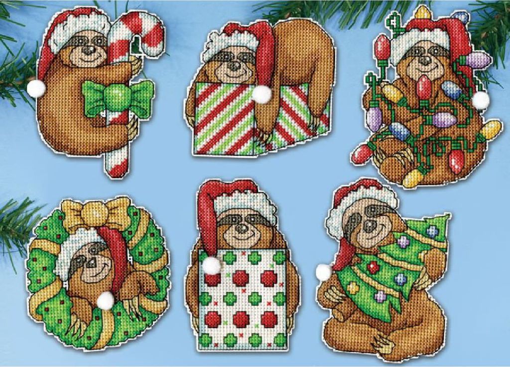 Design Works Kreuzstich Stickpackung "Weihnachtsbaumschmuck Faultiere (6er-Set)", Zählmuster, 9x10cm