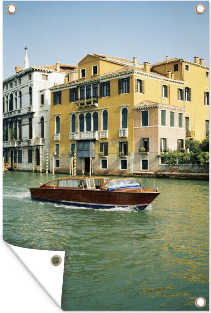 MuchoWow 60x90 cm Outdoor-Poster Gartendeko Sichtschutz Garten Poster für den Garten Ein Motorboot auf einem Kanal in Venedig