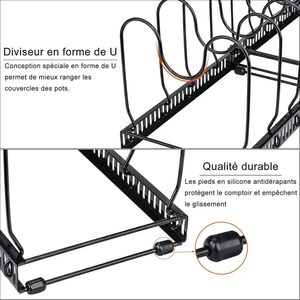 Support couvercles de casseroles réglable noir 10 compartiments en fer