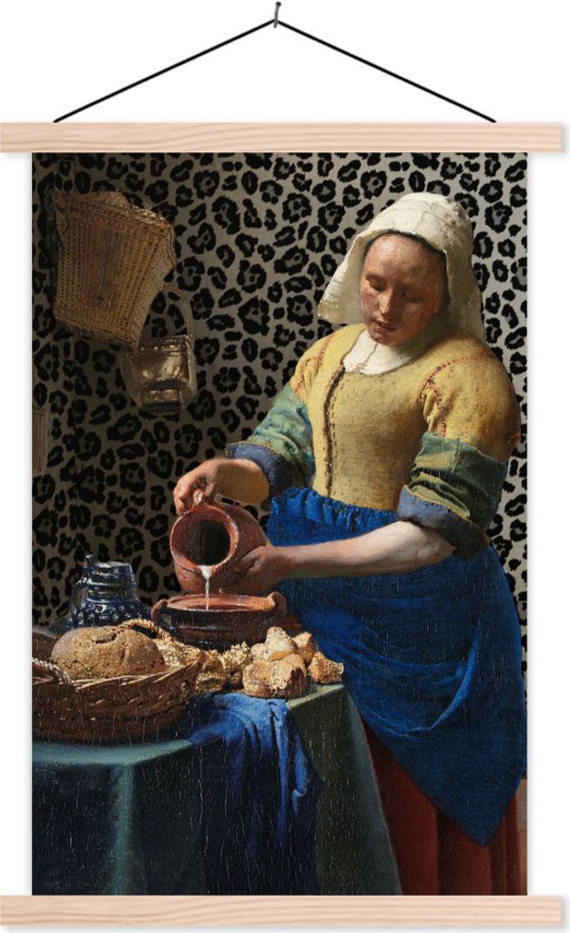 MuchoWow Textilposter Milchmädchen - Kunst - Pantherdruck - Vermeer - Gemälde - Alte Meister 40x60 cm mit holzfarbenen Rahmen - Poster
