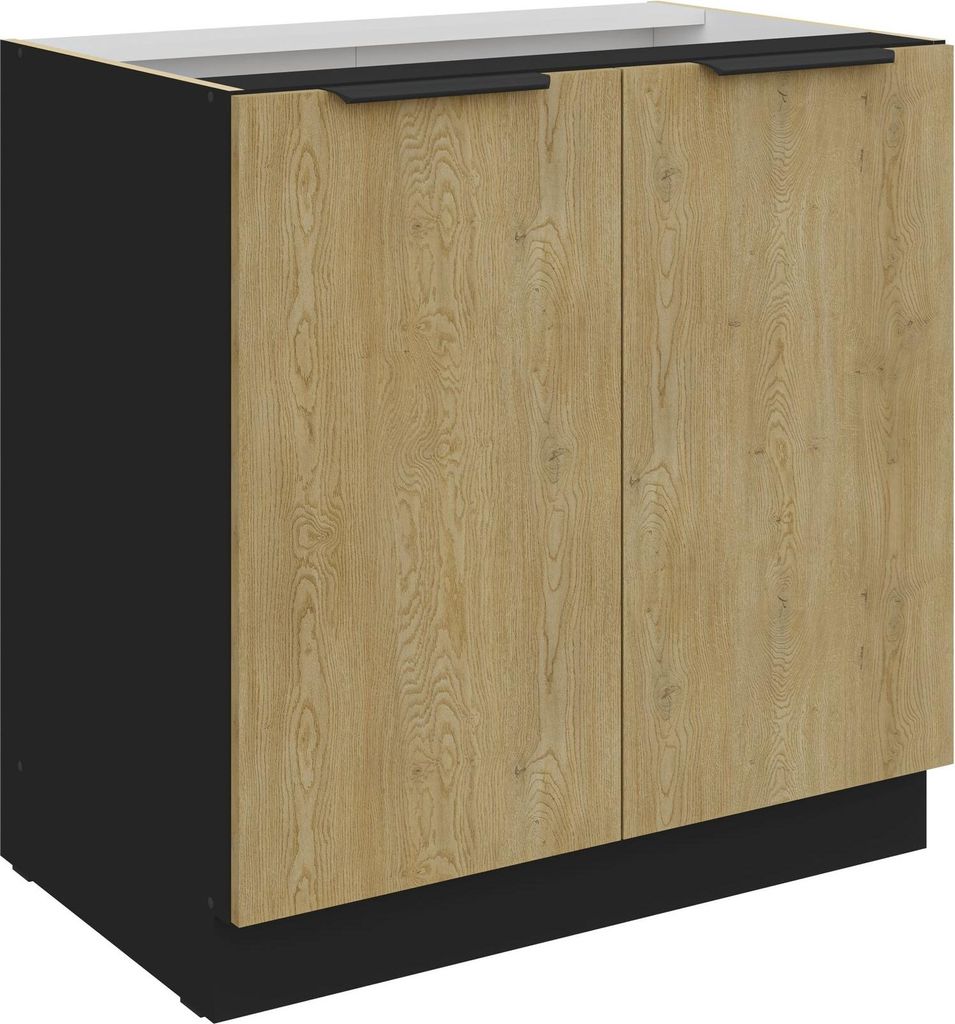 Küchen Unterschrank 80 cm CREMONA Eiche hell + schwarz matt Küche Küchenzeile Küchenblock Einbauküche
