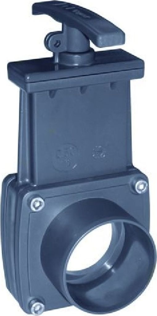 A dark gray PVC slide gate valve with a lever handle.