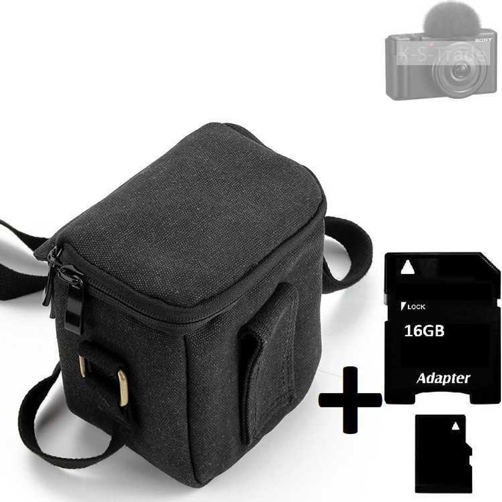 K-S-Trade Umhängetasche kompatibel mit Sony ZV-1F Schulter Tasche Tragetasche Kameratasche Fototasche + 16GB Speicherkarte schwarz Schutzhülle bag