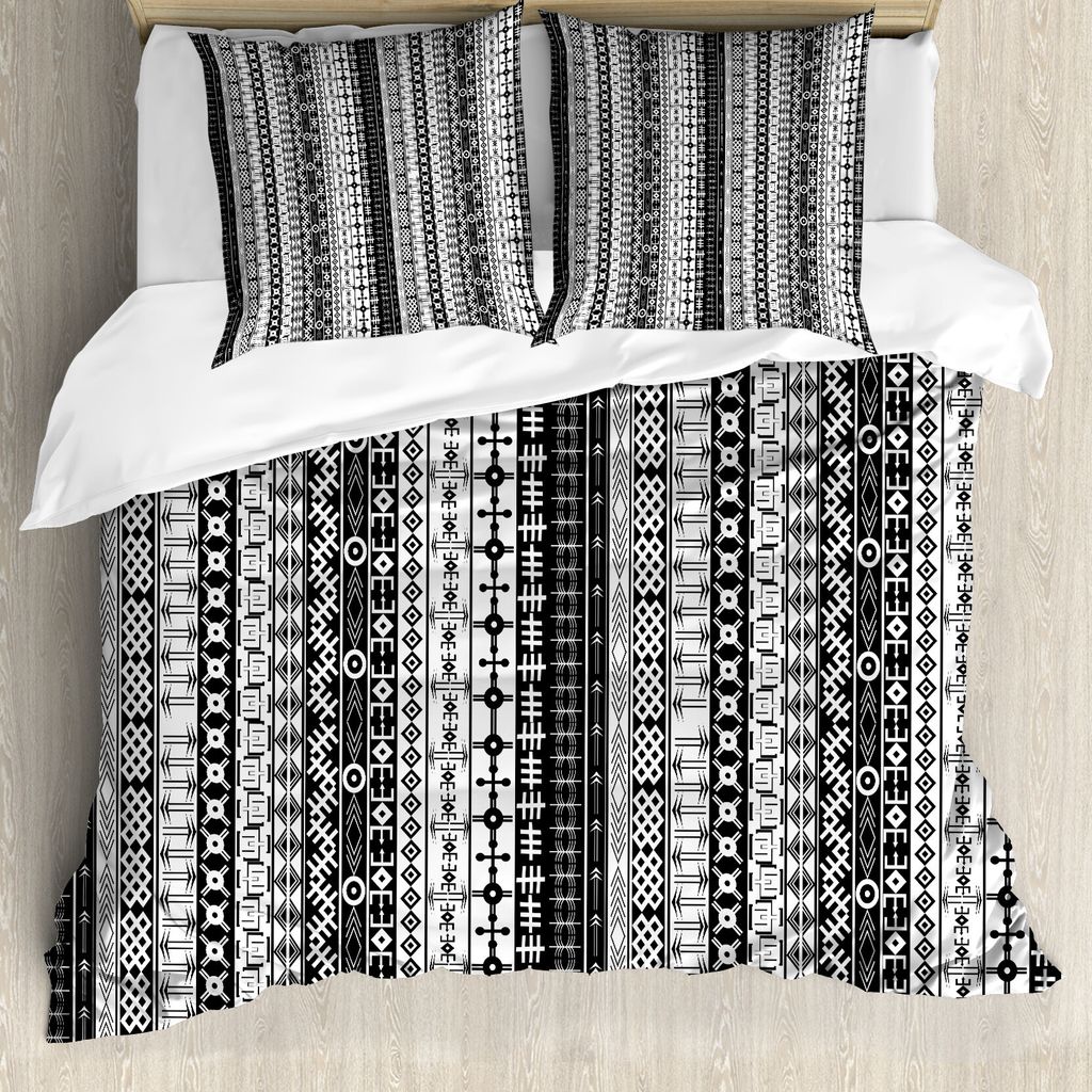 ABAKUHAUS Primitive Bettbezug, Tribal-Motiv-Muster, Milbensicher Allergiker geeignet mit Kissenbezügen, 155 cm x 220 cm - 80 x 80 cm, Schwarz-Weiss