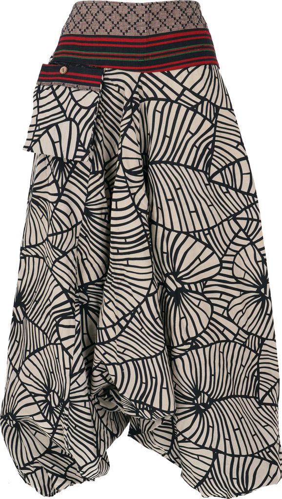 Bedruckte Haremshose, Pluderhose mit Breitem Gewebtem Bund - Modell 9, Damen, Schwarz, Baumwolle, Hosen