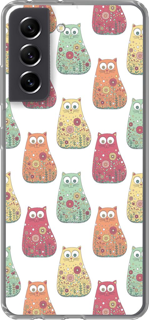 MuchoWow Handyhülle Schutzhülle Hülle für Telefoonhoesje Samsung Galaxy S21 FE Mädchen - Katze - Blumen - Muster - Mädchen - Kinder - Kinde...