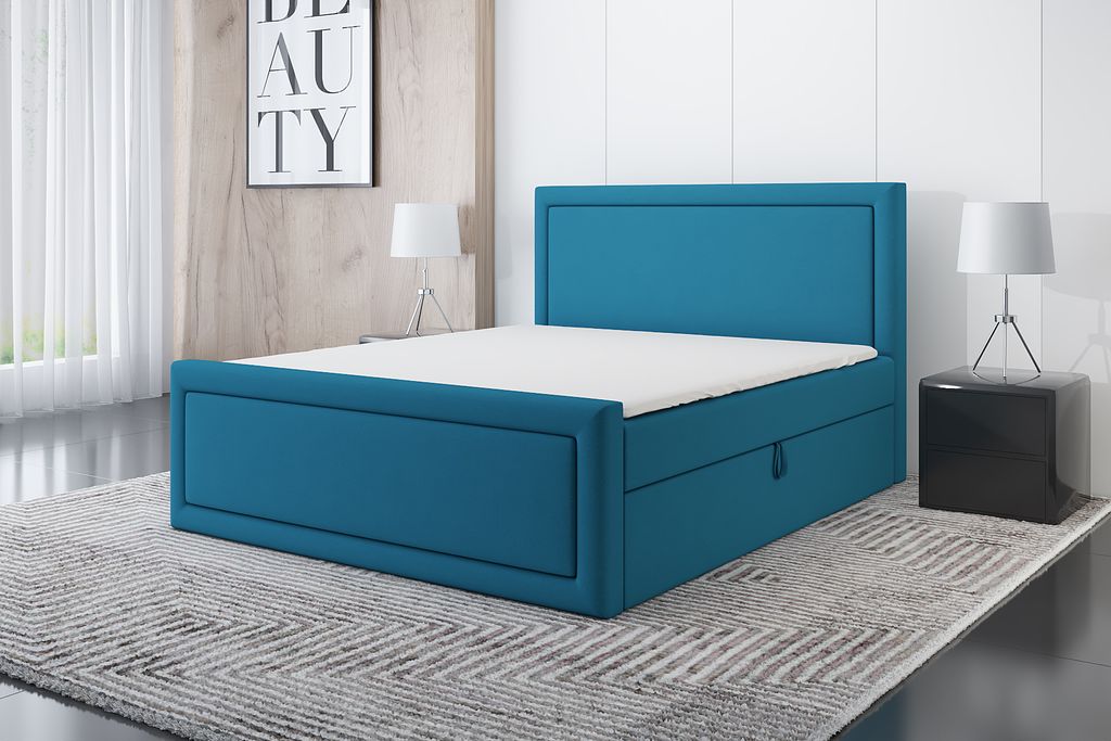 Boxspringbett ROD 120x200 mit 2 Bettkästen, Bonell-Matratze und Topper. Farbe: Blau.