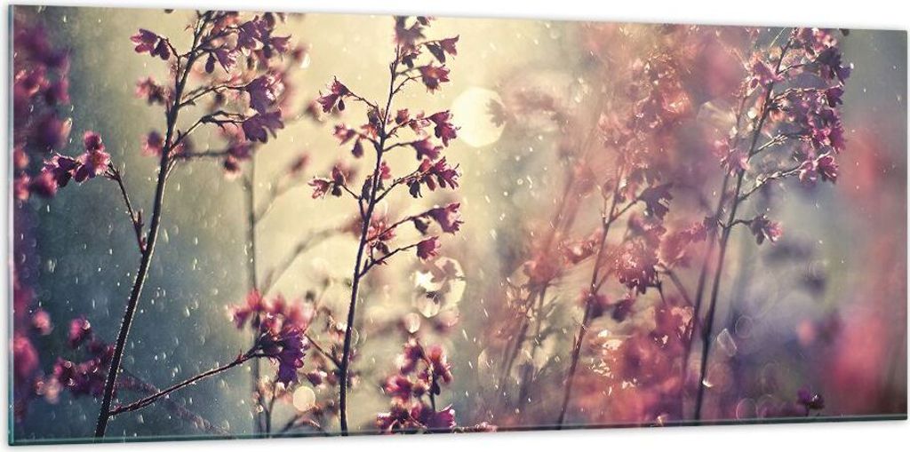 Bilder auf glas - Einteilig - Blumen Regen Licht - 120x50cm - Glasbilder - Wandbilder - Bilder - zum Aufhängen bereit - Wanddekoration aus Glas - ...