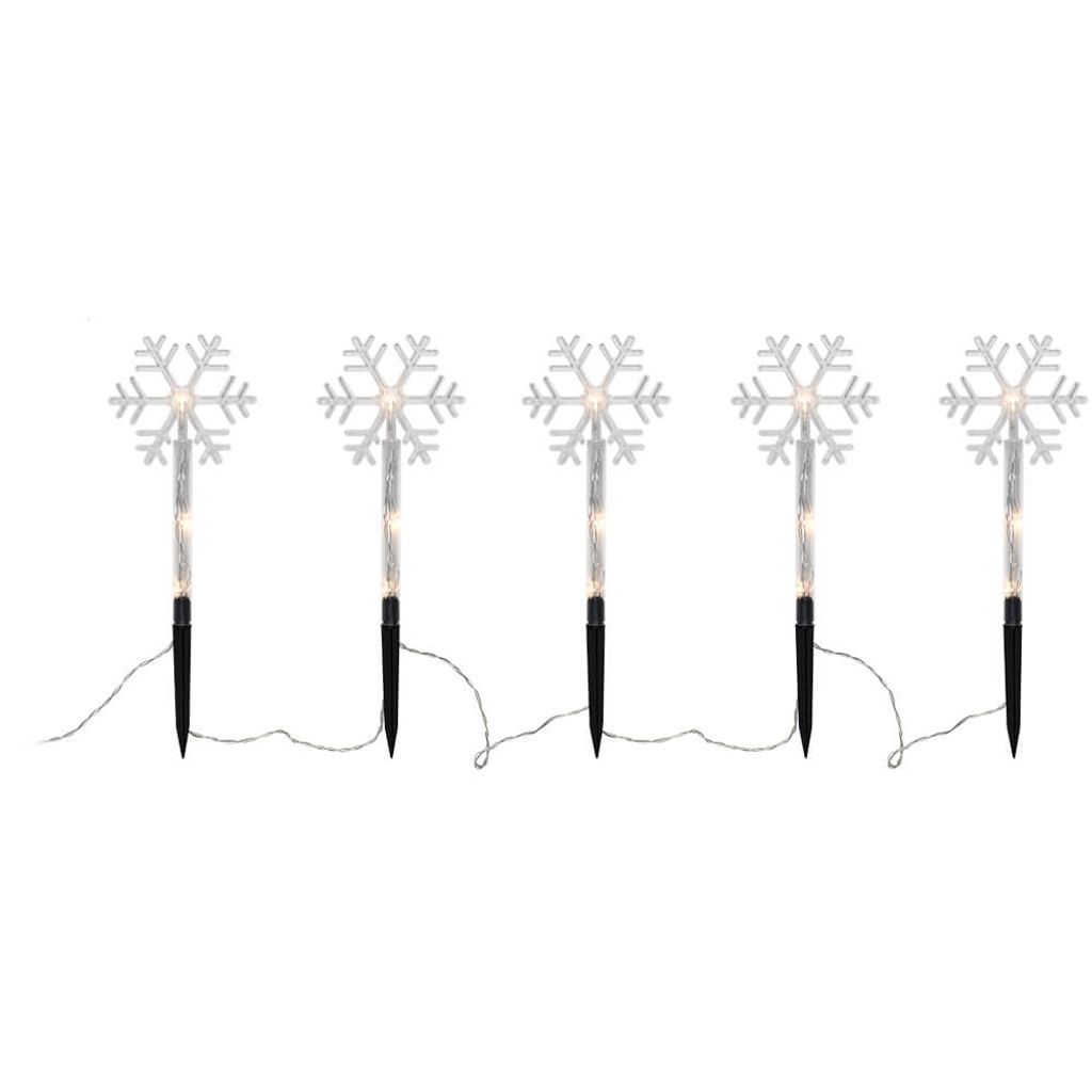 Five snowflake-shaped LED lights on stakes, connected by a wire.