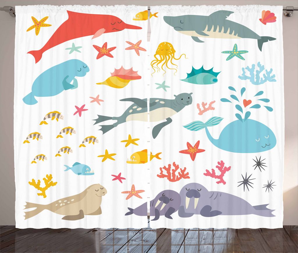 ABAKUHAUS Fisch Rustikaler Gardine, Bunte Ozeantiere, Schlafzimmer Kräuselband Vorhang mit Schlaufen und Haken, 280 x 225 cm, Mehrfarbig