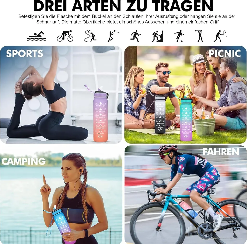 CampTeck Borraccia 1 Litro 1000 Ml - BPA Free Tritan, Coperchio Flip Lock A Prova Di Perdite, Con Cinghia, Per Palestra E Sport - 2